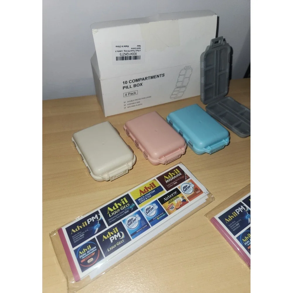 Travel‎ Pill Organizer with Multiple Labels - 10 Compartments (PACK OF 4)~NEW